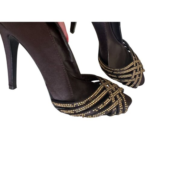 LAUREN RALPH LAUREN Brown Satin Jeweled Heels Size 6 - Picture 5 of 11